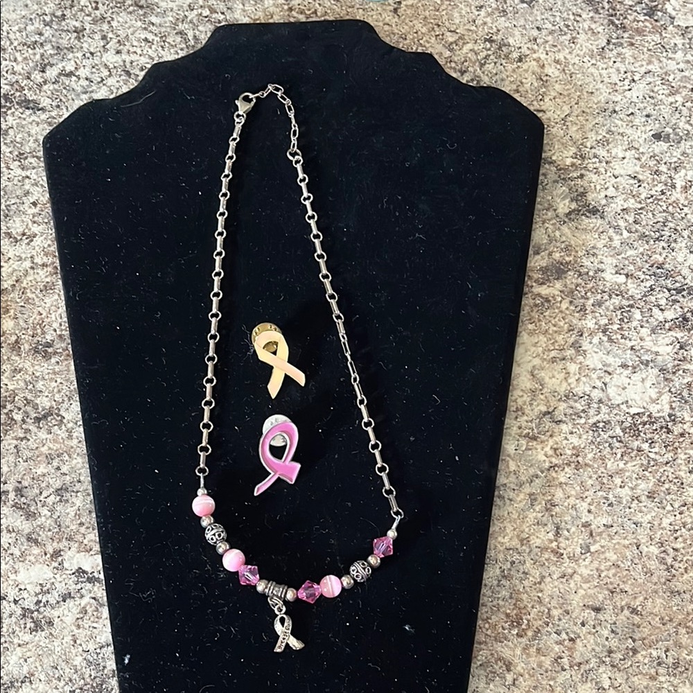 Pink Ribbon Necklace Pin Set